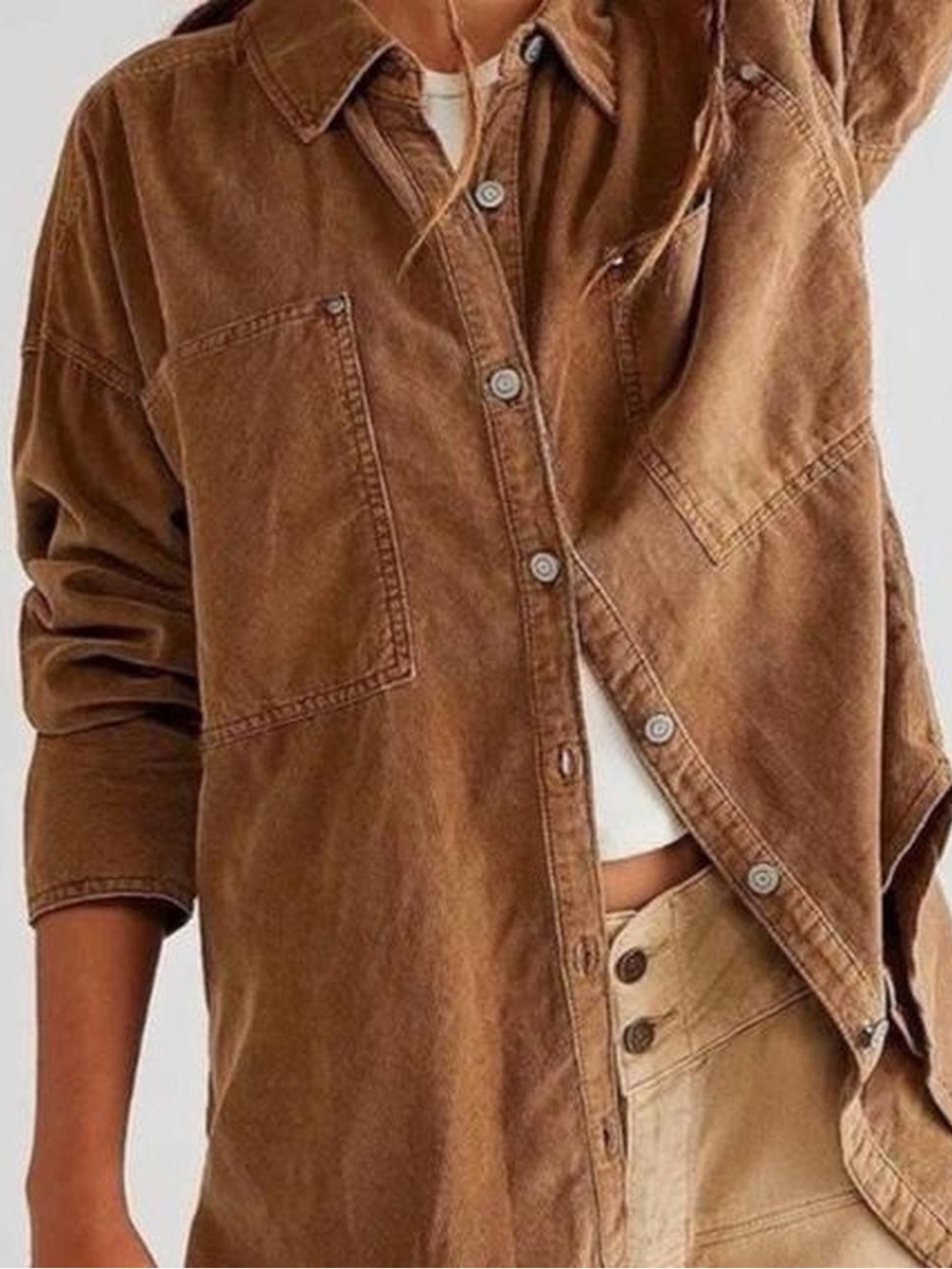 Free People We The Free Baby Corduroy Button Up Collared Shirt Jacket in Brown -